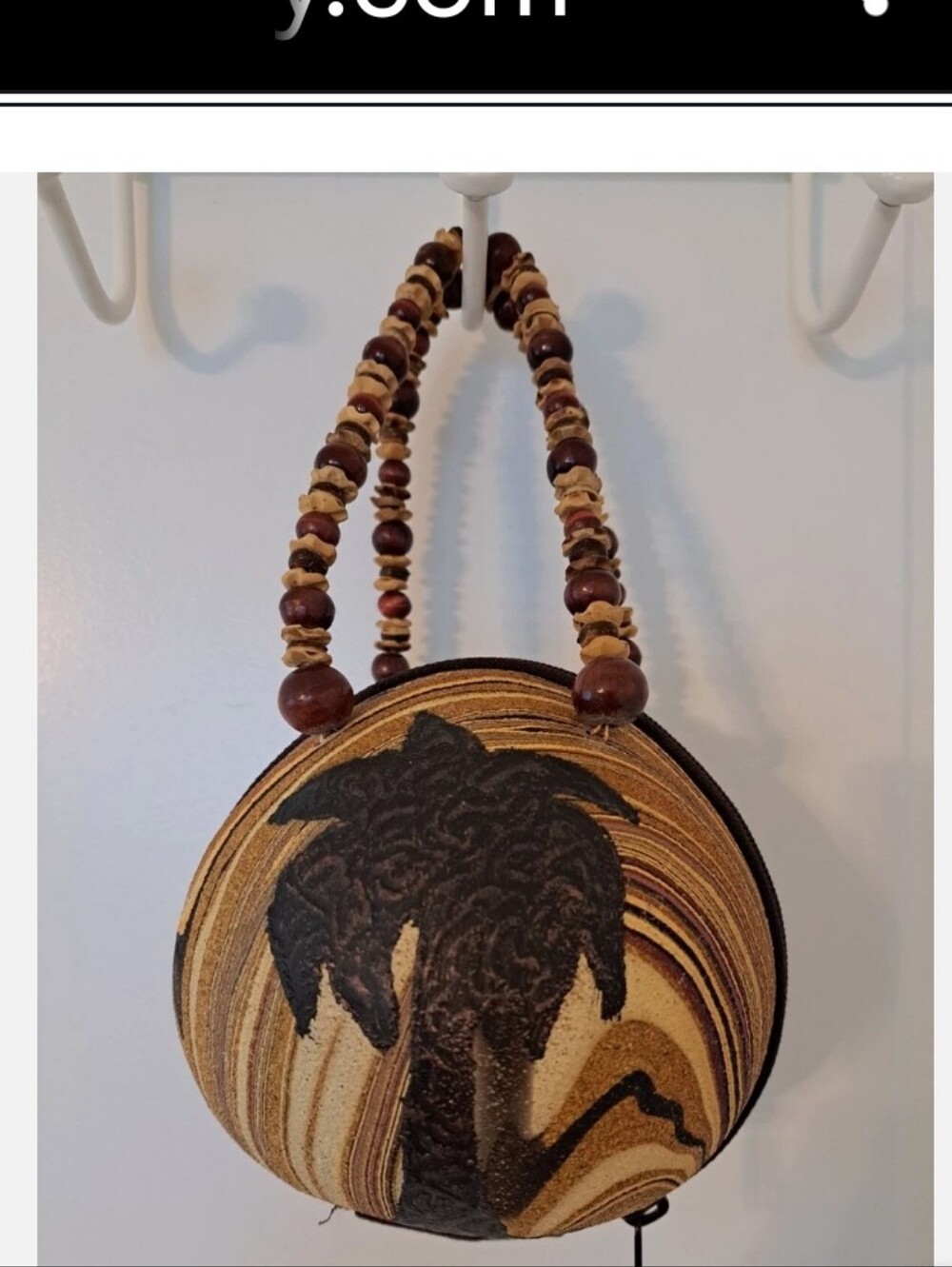 Coconut Shell Shaped Handbag/Purse Beaded Handle Palm Tree Design Zip Close.